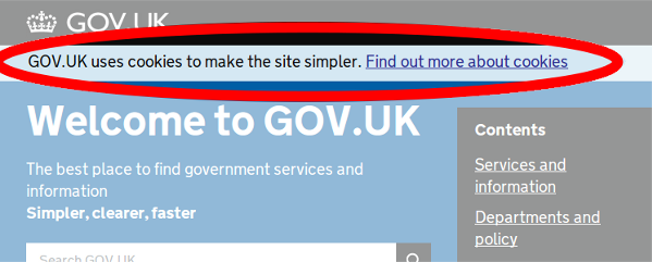Cookie information message on gov.uk.
