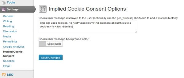 Implied Cookie Consent admin settings.